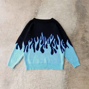 Y2K Oversized Black & Blue Flame Thick Chunky Knit Crew Sweater Men's XL